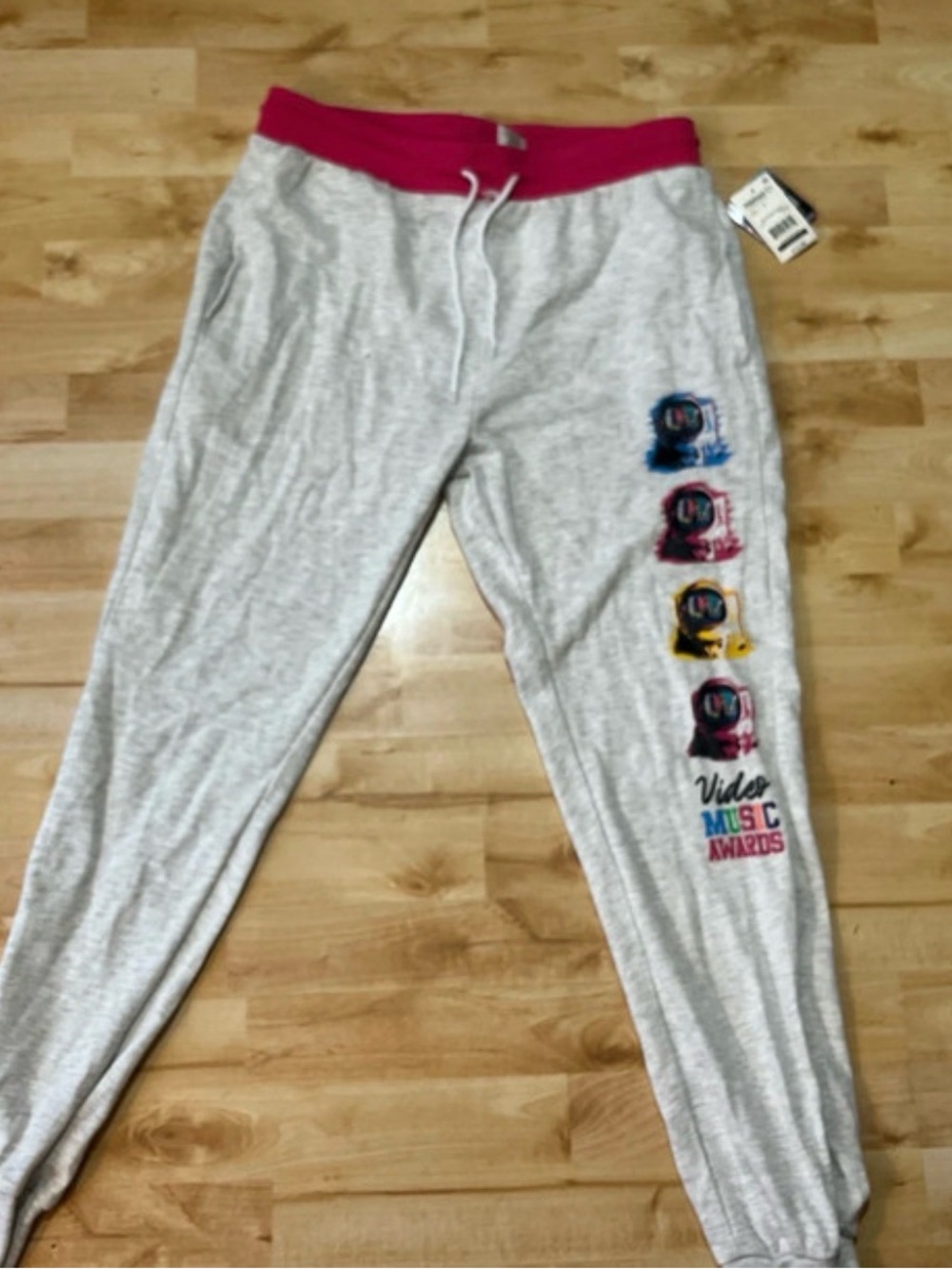 Gray and Pink  Drawstring Joggers with Colorful Music Graphics